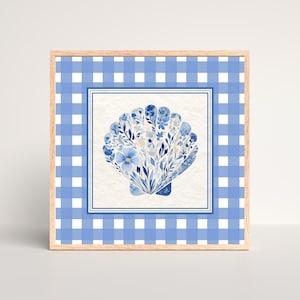 Impression d&#39;art chinoiserie bleue coquillage : décoration murale côtière vichy (téléchargement numérique)