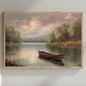 Vintage Lake Oil Painting Print: Rustic Rowboat Landscape (Digital Download