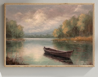 Vintage See Ölgemälde Druck: Rustikale Ruderboot Landschaft (Digitaler Download