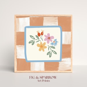 Folk Art Floral Print: Rustic Checkerboard, Cottagecore Spring Decor (Digital Download