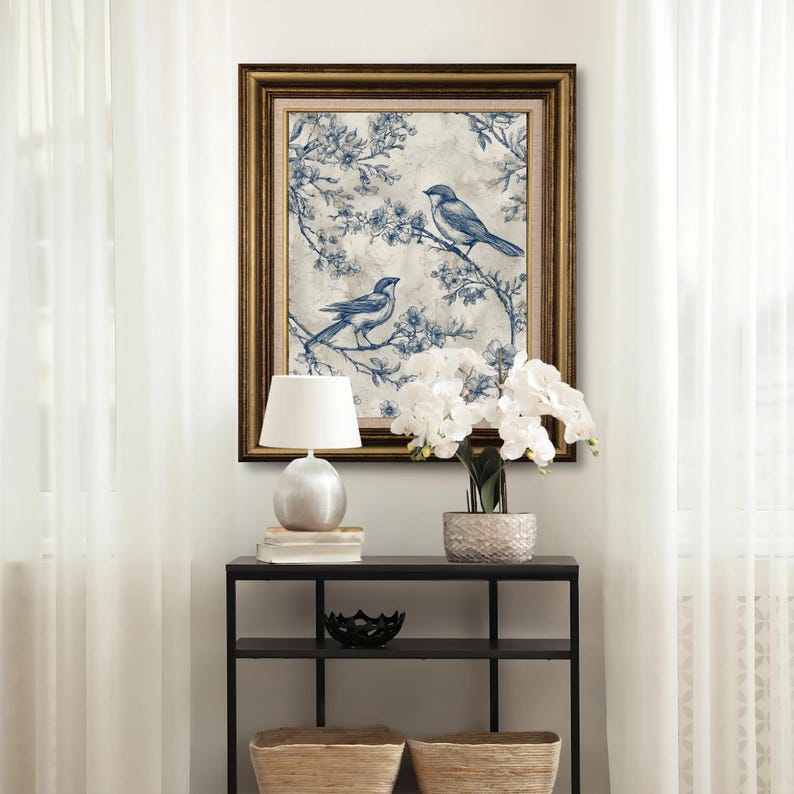 Blue Toile Bird Print: Vintage Botanical Cottagecore Wall Art (digital ...