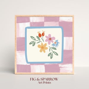 Pink Gingham Floral Nursery Print: Cottagecore Baby Girl Room Decor (Digital Download)