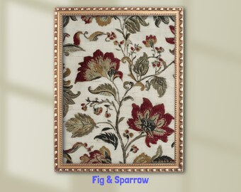 Puede incluir: Un estampado floral enmarcado con un fondo crema, que muestra flores burdeos y doradas y hojas verdes. El marco es de color oro rosa. El texto "Fig & Sparrow" está en la parte inferior del marco.