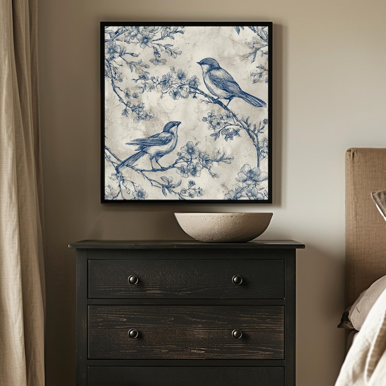 Blue Toile Bird Print: Vintage Botanical Cottagecore Wall Art (digital ...