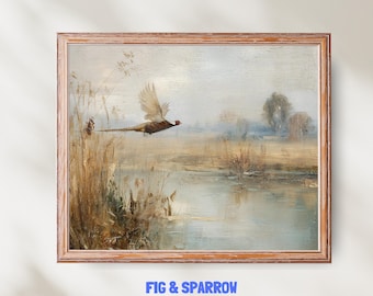 Pheasant Digital Art Print | Rustic Autumn Marsh Landscape | Digital Download