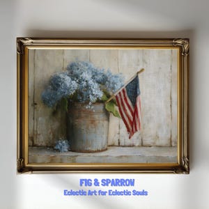 Patriotic Hydrangea & Flag Art: Vintage Farmhouse Print (Digital Download)