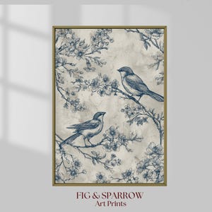Blauer Toile Vogel Wand Kunst zum ausdrucken, Vintage botanische Illustration, Cottagecore Blumen Kunstdruck, digitaler Download Vogel Dekor für Zuhause