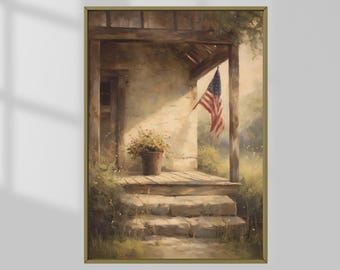 Vintage American Flag Porch Print: Rustic Patriotic Wall Art (Digital Download)