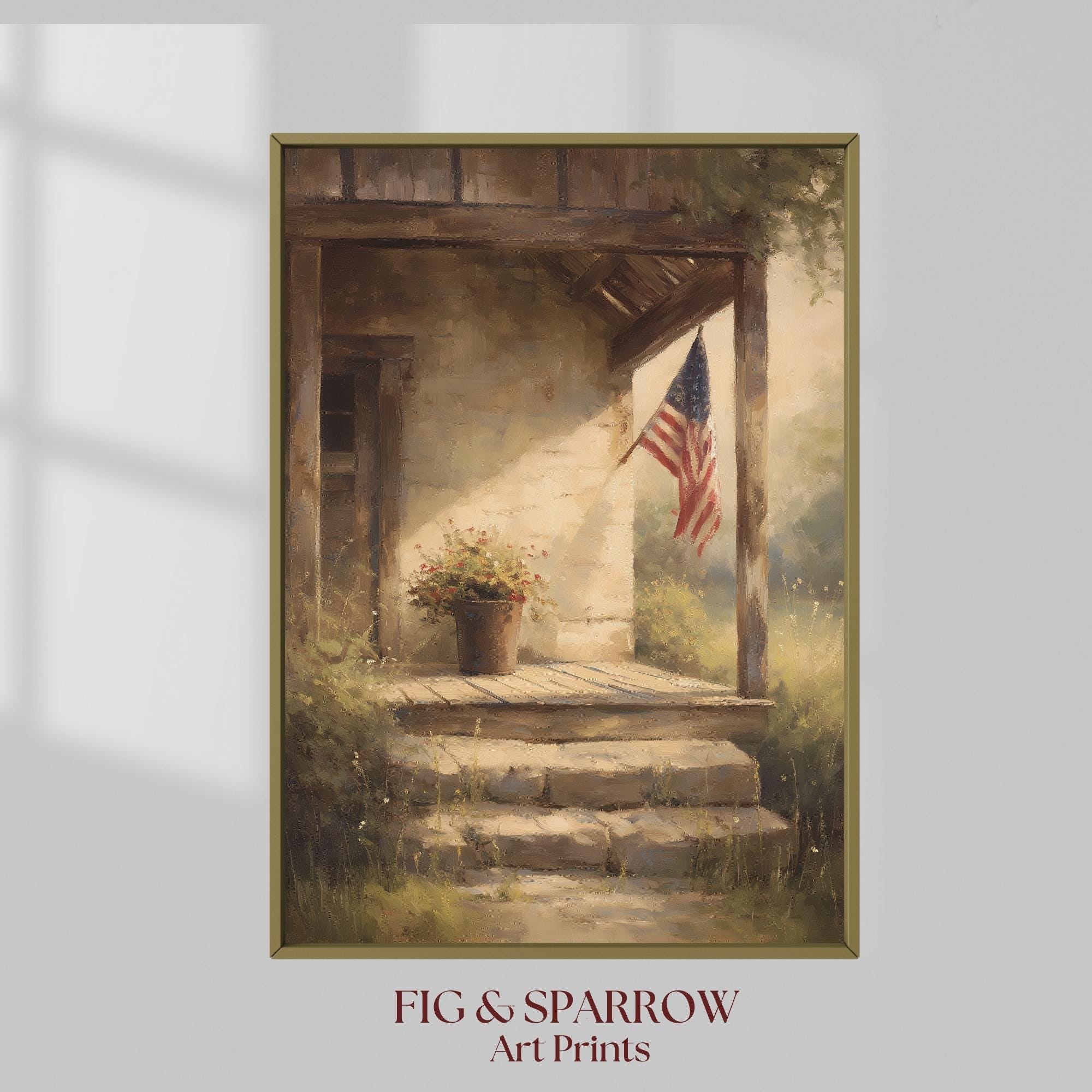 Vintage American Flag Porch Print: Rustic Patriotic Wall Art (Digital Download)