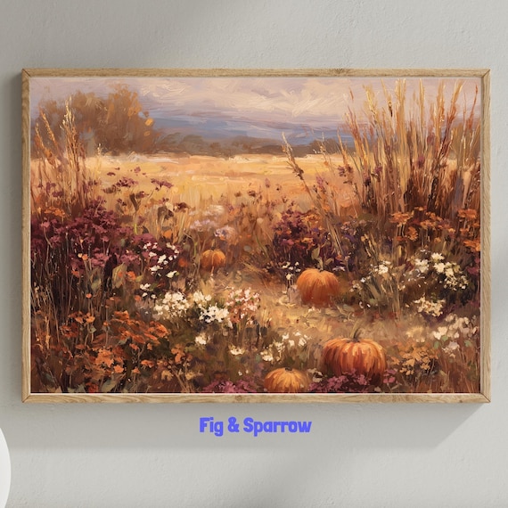 Rustic Autumn Landscape Print: Pumpkin Field Painting (Digital Download