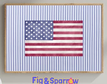 Preppy American Flag Art Printable, Patriotic Wall Art Digital Download, Red White Blue Stripe Decor, Modern Americana 4th of July Print