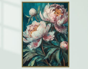 Peony Wall Art Print, Pink Peonies on Teal Background, Botanical Floral Digital Download, Romantic Flower Art for Bedroom or Living Room