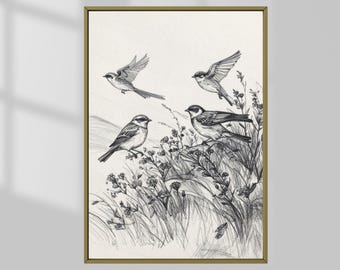 Bird Wall Art Printable, Vintage Pencil Drawing Sketch, Botanical Nature Illustration Digital Download