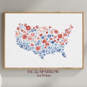 Aquarell Blumen USA Kunstdruck Kunstdruck | Patriotische Wildblumen Printable | Rot Weiß Blau Wand Dekor | Juli 4 Kunst | Moderner Americana Dekor