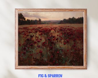 Puede incluir: Pintura de paisaje enmarcada que representa un campo de flores rojas bajo un cielo crepuscular. La obra de arte, en un marco de madera, presenta una vibrante exhibición de amapolas, con una lejana línea de árboles y una paleta de colores suaves. El texto "FIG & SPARROW" está en la parte inferior.
