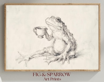Digital Download Frog Wall Art – Whimsical Toad Tea Time Illustration, Cozy Cottagecore Animal Print, Vintage Frog Sketch Decor, Printable