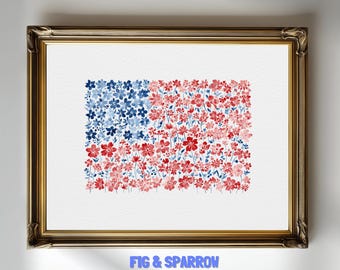 Aquarel bloemenprint Amerikaanse vlag: patriottische muurkunst (digitale download)