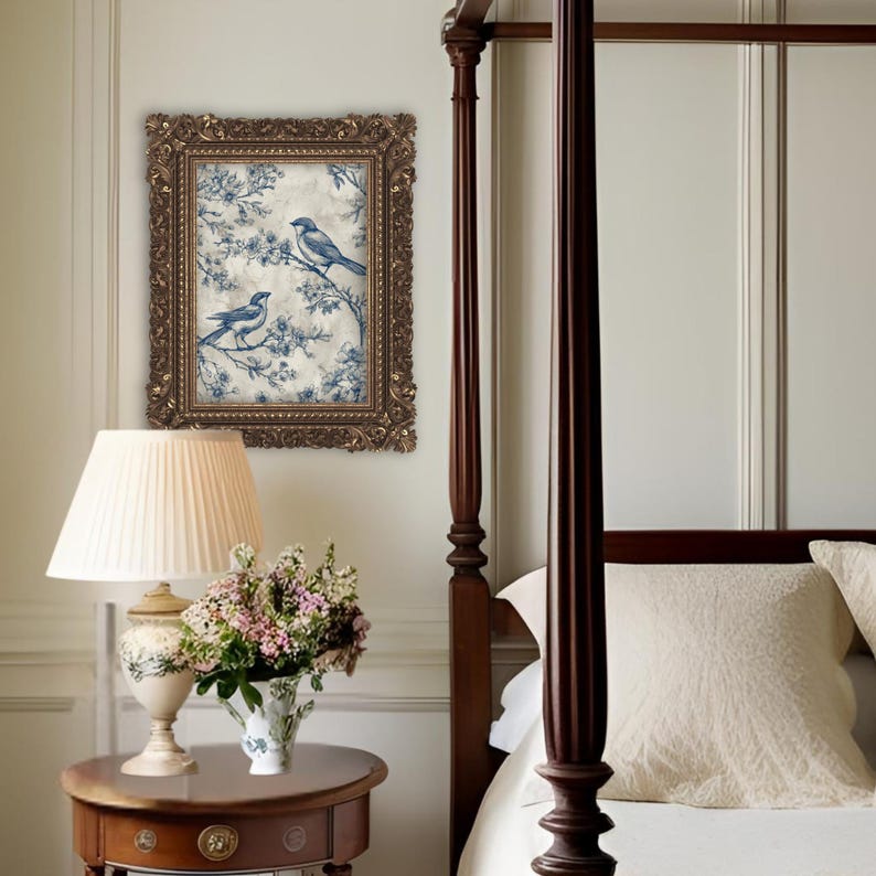 Blue Toile Bird Print: Vintage Botanical Cottagecore Wall Art (digital ...