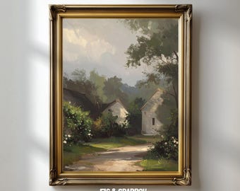 French Country Cottage Landscape Art Print: Rustic Impressionist Style (Digital Download)