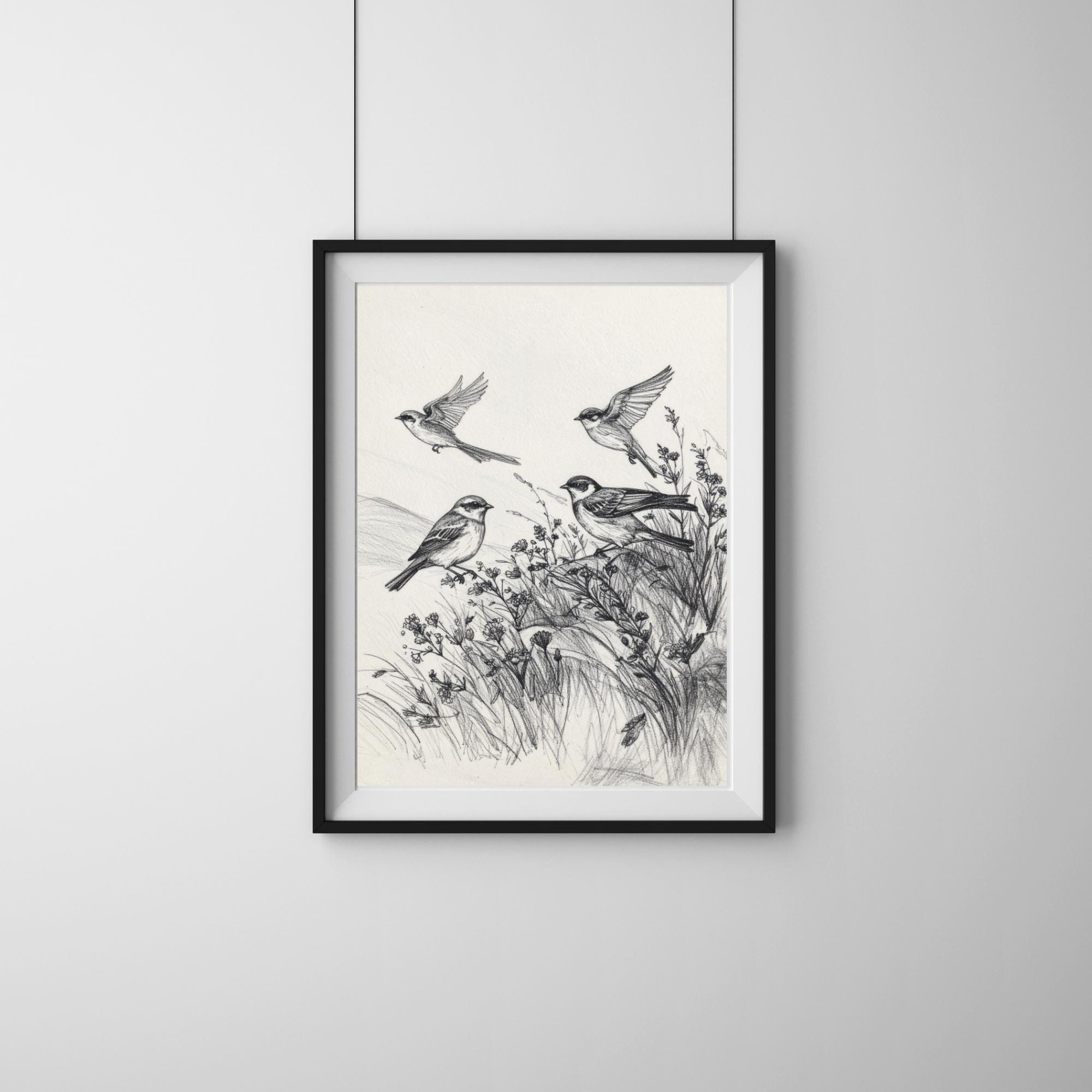 鳥のウォールアート（印刷可能）、ヴィンテージ鉛筆画スケッチ、植物