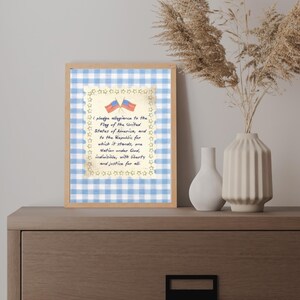 Homeschool wall art print featuring Pledge of Allegiance poster with blue gingham background