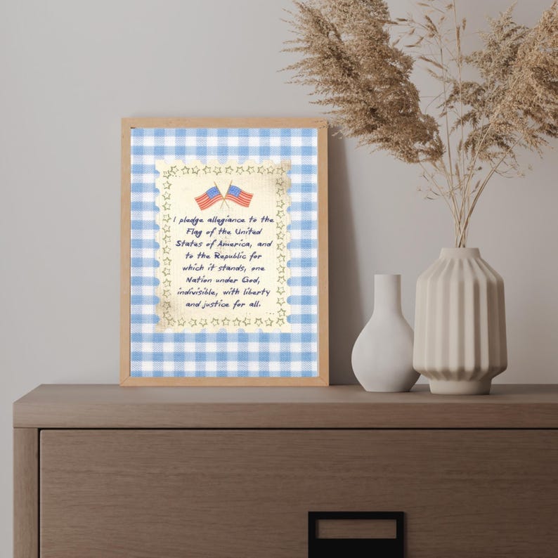 Homeschool wall art print featuring Pledge of Allegiance poster with blue gingham background