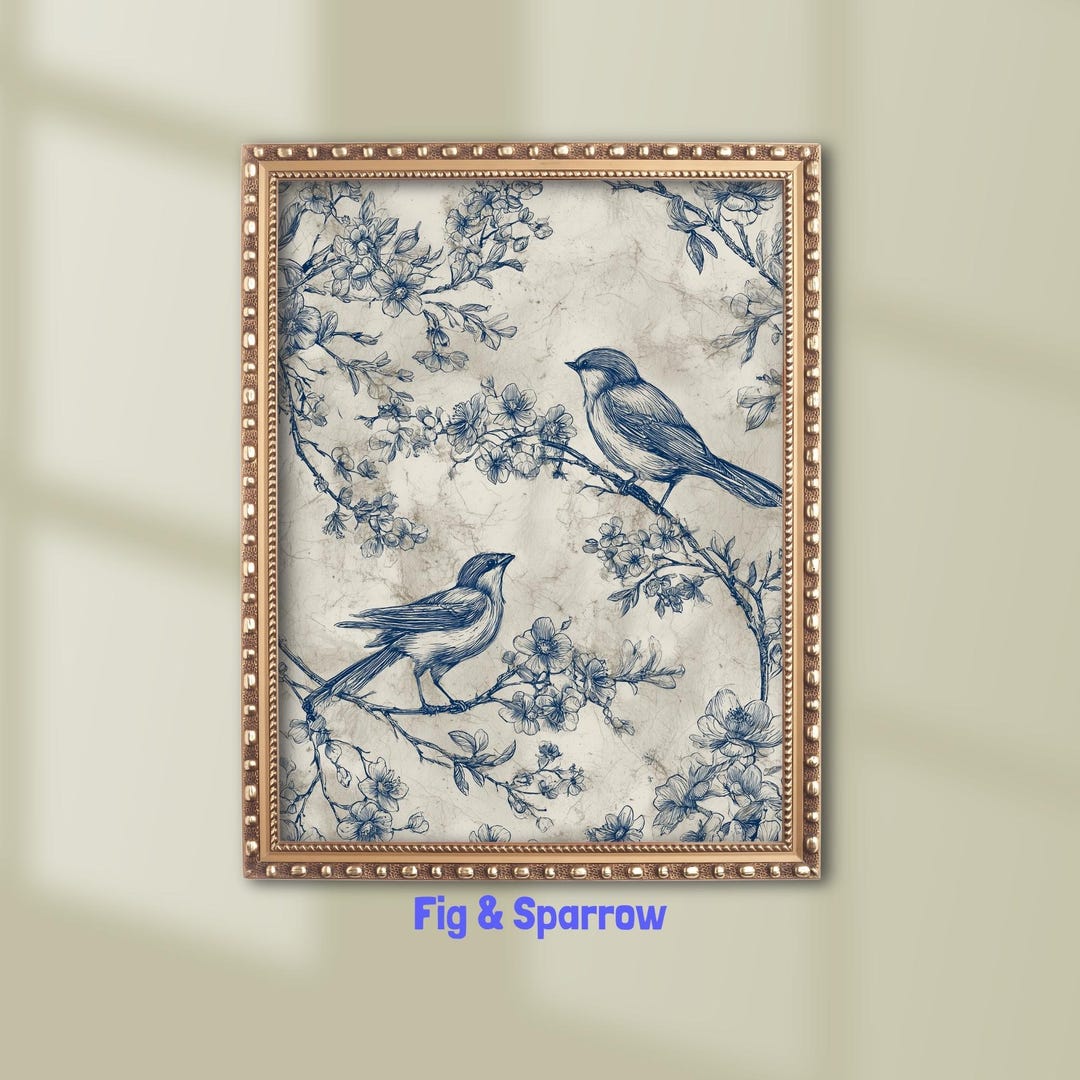 Blue Toile Bird Print: Vintage Botanical Cottagecore Wall Art (digital ...