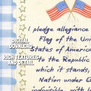 Close up detail of pledge text and aged paper texture on patriotic printable wall art