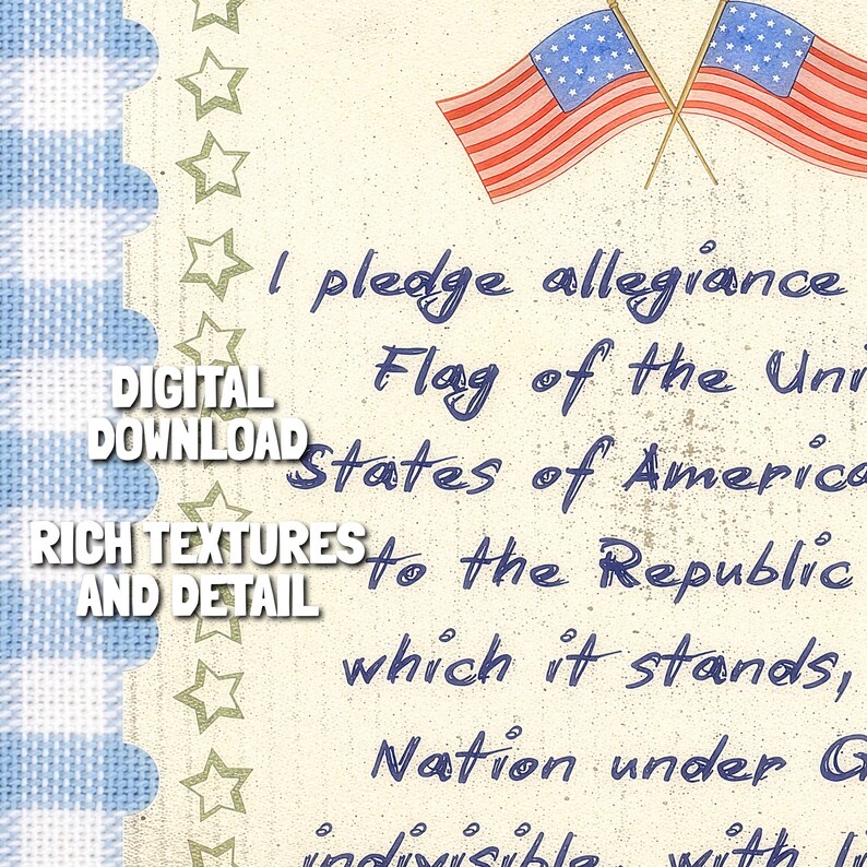 Close up detail of pledge text and aged paper texture on patriotic printable wall art