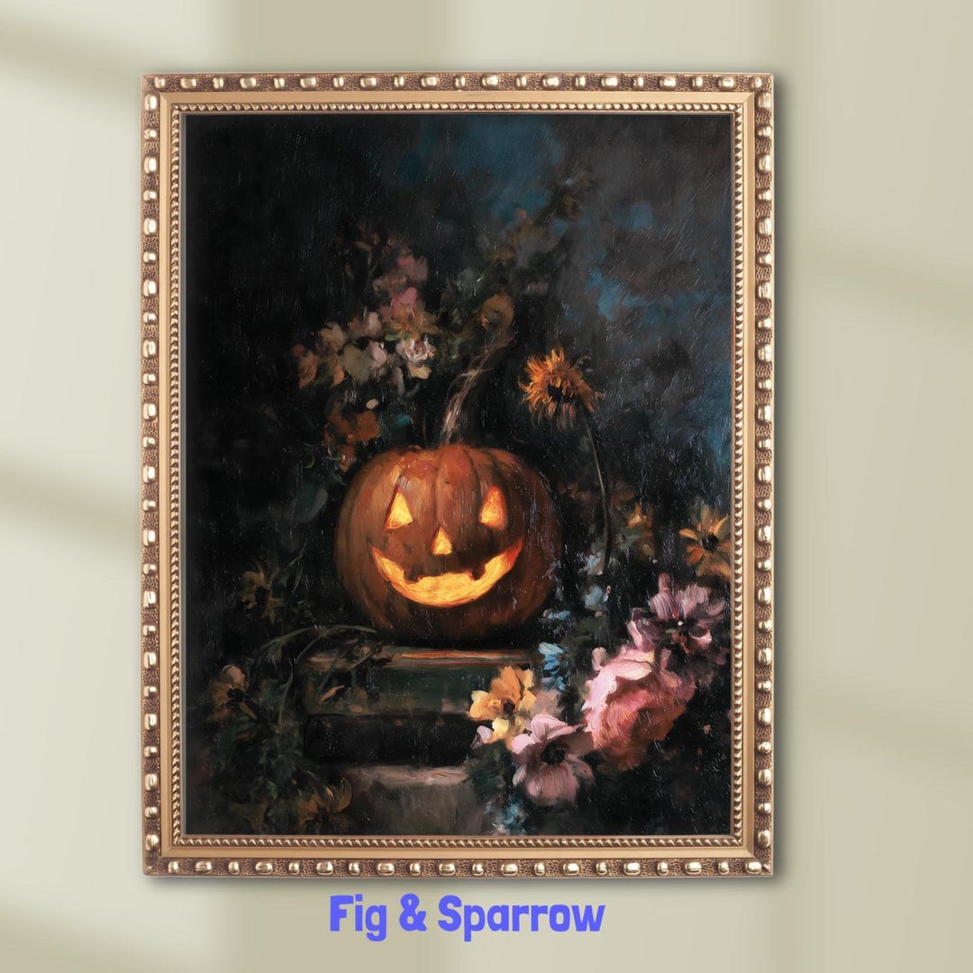 Jack O Lantern Wall Art | Vintage Halloween Pumpkin Print | Dark Floral ...