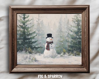 Arte de pared navideño con muñeco de nieve / Lámina vintage de vacaciones de invierno / Decoración navideña acogedora de estilo rústico (Descarga digital)