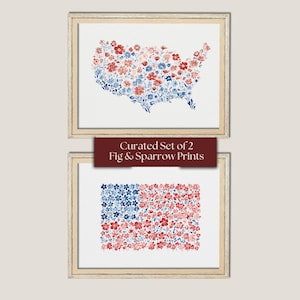 2er-Set Vaterländische Blumendrucke | USA Karte & amerikanische Flagge Kunst | Rot Weiß Blau Wildblumen Wand Dekor | 4.Juli Digitaler Download