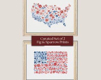 Set of 2 Floral Patriotic Prints | USA Map & American Flag Art | Red White Blue Wildflower Wall Decor | 4th of July Digital Download