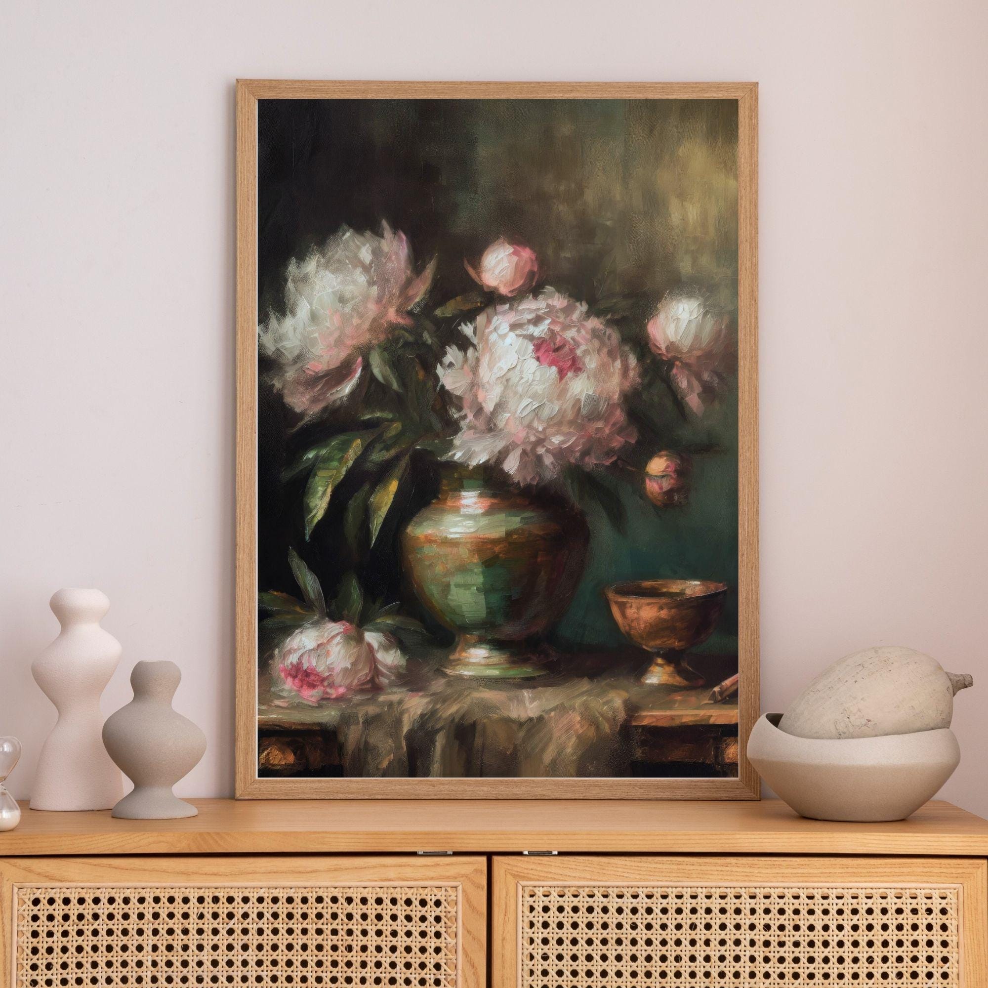 ヴィンテージ牡丹の静物画アートプリント：ムーディーな花の油絵
