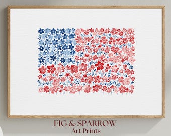 Watercolor American Flag Art Printable, Floral Patriotic Wall Decor, 4th of July Red White and Blue Flowers, USA Flag Digital Download