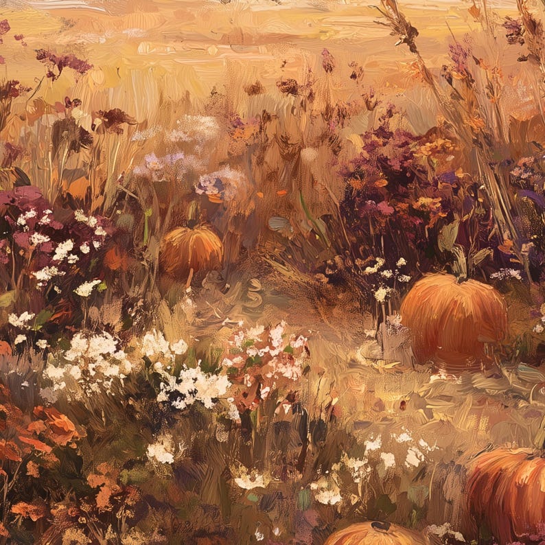May include: An autumnal painting depicts a field of pumpkins, wildflowers, and tall grasses. The pumpkins are a vibrant orange, contrasting with the muted tones of the foliage. The artwork evokes a sense of harvest and the changing seasons.