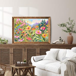 Colorful Wildflower and Bees Wall Art, Summer Meadow Printable Landscape, Pollinator Garden Digital Download, Vibrant Cottagecore Decor