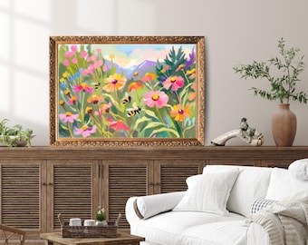 Colorful Wildflower and Bees Wall Art, Summer Meadow Printable Landscape, Pollinator Garden Digital Download, Vibrant Cottagecore Decor