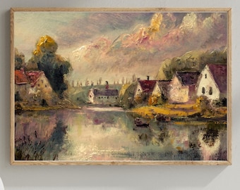 Vintage European Village Print: Rustic Cottage Landscape (Digital Download