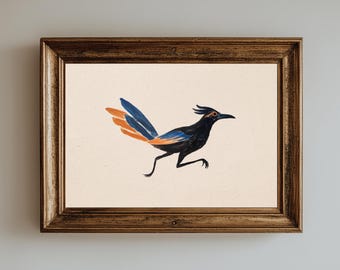 Whimsical Bird Wall Art Print – Playful Folk Style Bird in Bold Colors-Vintage Roadrunner Download