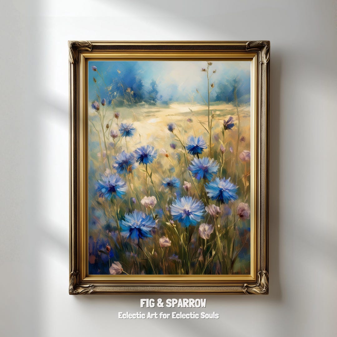 Blue Wildflower Field Art Print: Rustic Cottagecore Landscape (digital ...