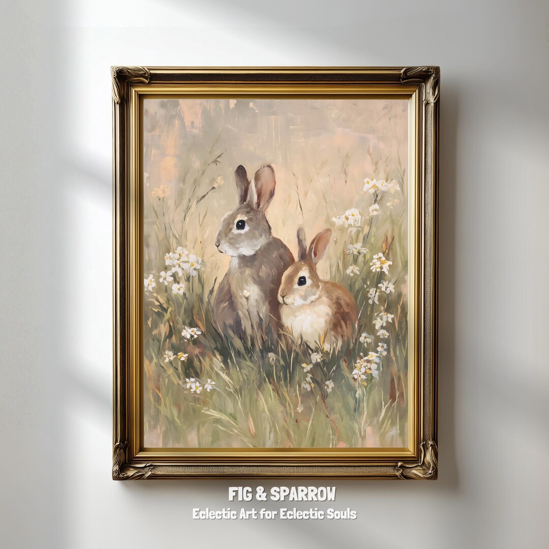 Neutral Rabbit Stuff For Rabbits Neutral Rabbits in Spring Print Vintage Style Bunny Wall Art | Cozy ...
