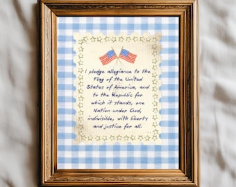 Quadro decorativo com o Juramento à Bandeira, impressão patriótica para sala de aula, decoração vintage americana em xadrez vichy (download digital)