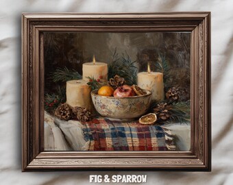 May include: A framed still life painting depicting lit candles, a bowl of fruit, and pine cones. The artwork has a brown frame and a dark backdrop. The text "FIG & SPARROW Eclectic Art for Eclectic Souls" is at the bottom of the image.