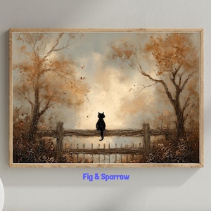 Black Cat Autumn Landscape Print: Rustic Farmhouse Wall Art (Digital Download
