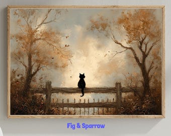 Black Cat Autumn Landscape Print: Rustic Farmhouse Wall Art (Digital Download