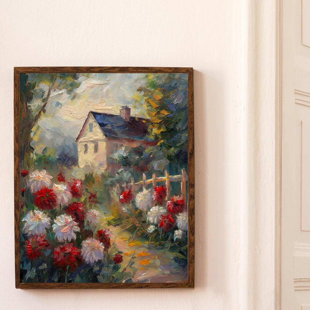 Dahlia Cottage Garden Art Print | Vintage Floral House Wall Art ...