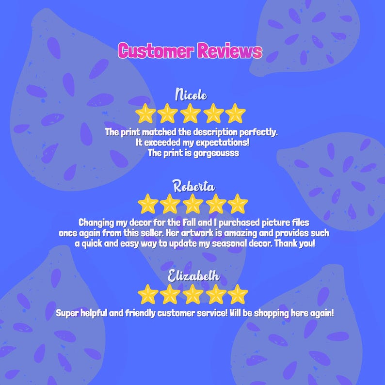 May include: A blue background with a pattern of lemon slices and customer reviews. The reviews include star ratings and positive comments about the product and customer service. The text "Customer Reviews" is in pink.
