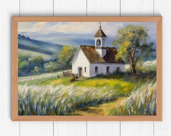 Country Church Painting: Rustic Farmhouse Landscape Art (Digital Download)