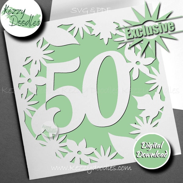 Flower Circle 50th Birthday Papercutting Template by Kezzy Doodles - Handcut Papercut, PDF, SVG Cricut File - Personal Use Only